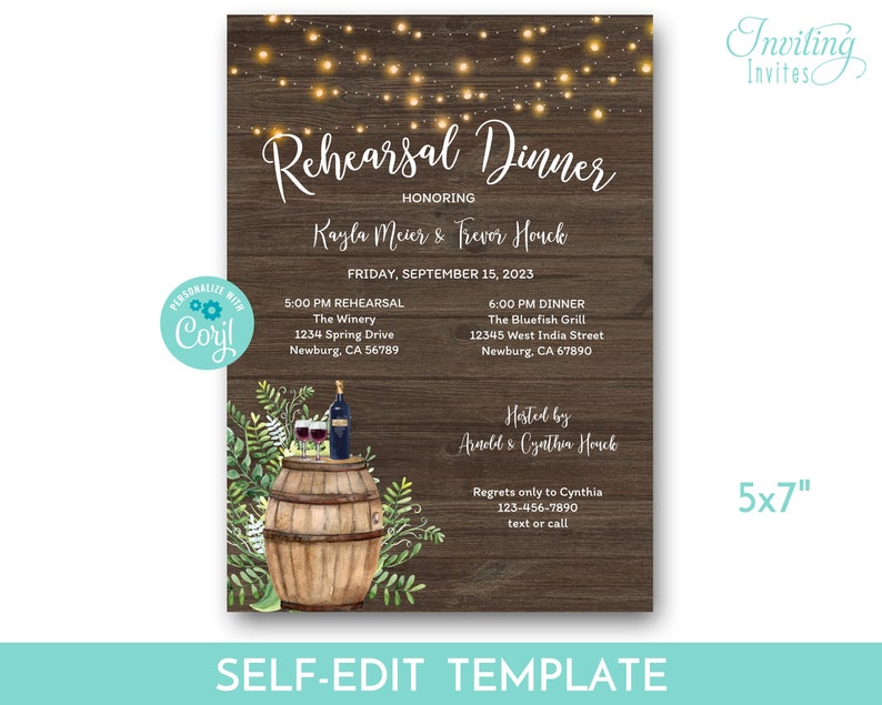 May include: A rustic wood background with string lights, a watercolor illustration of a wine barrel, and a printable rehearsal dinner invitation for Kayla Meier and Trevor Houck. The invitation includes the date, time, and location of the rehearsal dinner and the dinner reception. The text "Self-Edit Template" is at the bottom of the invitation.