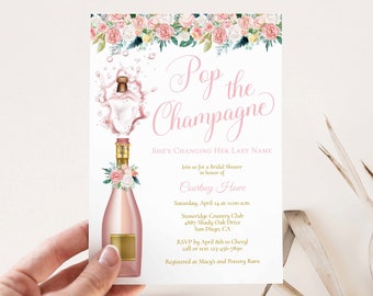 Pink Floral Bridal Shower Invitation | Pop the Champagne She's Changing her Last Name Invite | Pink Gold Flowers | Engagement Party | #112