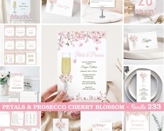 Petals and Prosecco Bridal Shower Invitation BUNDLE, Cherry Blossom Champagne theme, Wedding Shower, pink floral | TEMPLATE 233