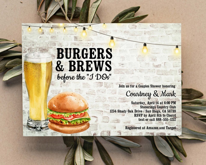 Burgers and Brews Before I Dos Couples Shower, Bridal Shower, Beers Invitation, Engagement Party, Brick Brewery Invite Birthday TEMPLATE 268 image 2