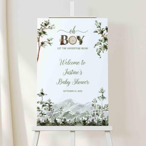 Oh Boy Let the Adventure Begin Rustic Forest Mountain Baby Shower Welcome sign poster coed couples baby shower tree woodland TEMPLATE 443