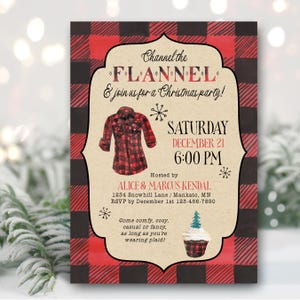 Buffalo Plaid Christmas Party Invitation, Channel the Flannel Holiday Invite | rustic open house cocktail dinner party TEMPLATE 586