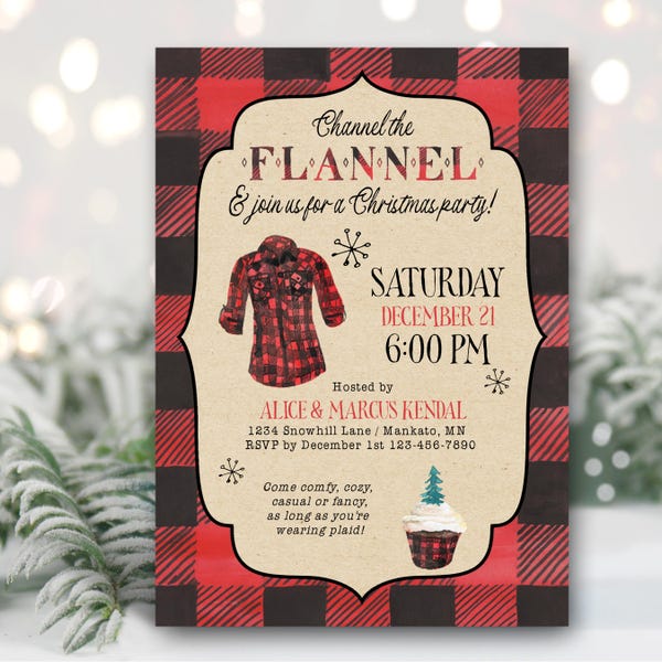 Buffalo Plaid Christmas Party Invitation, Channel the Flannel Holiday Invite | rustic open house cocktail dinner party TEMPLATE 586