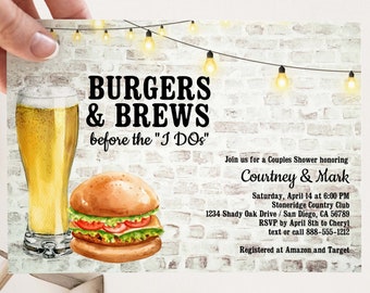 Burgers and Brews Before I Dos Couples Shower, Bridal Shower, Beers Invitation, Engagement Party, Brick Brewery Invite Birthday TEMPLATE 268