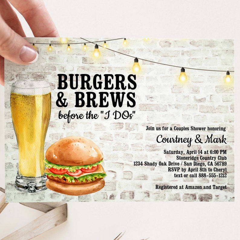Burgers and Brews Before I Dos Couples Shower, Bridal Shower, Beers Invitation, Engagement Party, Brick Brewery Invite Birthday TEMPLATE 268 image 1