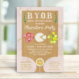 Charcuterie Board Party Invitation, Birthday, Holiday Party, Bring a Board Night Party Invites, Girls Night Rose Gold Marble | TEMPLATE 321R