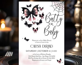 Batty for Baby Shower Invitation Pink Gothic Halloween Bats Theme Girl Baby Shower Pink Spooky Cute Baby Invite October TEMPLATE 555