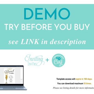 May include: A laptop computer screen displaying a digital design template for a brunch invitation. The template features a champagne flute with gold glitter and the text "Brunch & Bubbly". The text "PERSONALIZE WITH CORYL" is visible in a circle with a gear icon.