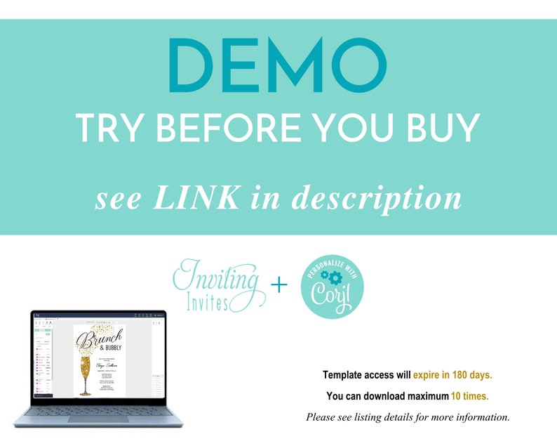 May include: A laptop computer screen displaying a digital design template for a brunch invitation. The template features a champagne flute with gold glitter and the text "Brunch & Bubbly". The text "PERSONALIZE WITH CORYL" is visible in a circle with a gear icon.