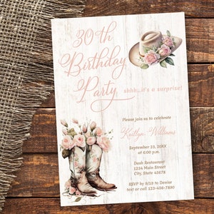 Cowboy Boots Rustic Birthday Invitation for women, Cowgirl, Rustic, Western Invite, Country, Farm, Sweet 16, 21st, 30, 40, 50th TEMPLATE 220