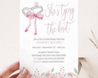 She's Tying the Knot Bridal Shower Invitation, wedding engagement ring, pink bow Wedding Shower Invites, blush flowers TEMPLATE 371