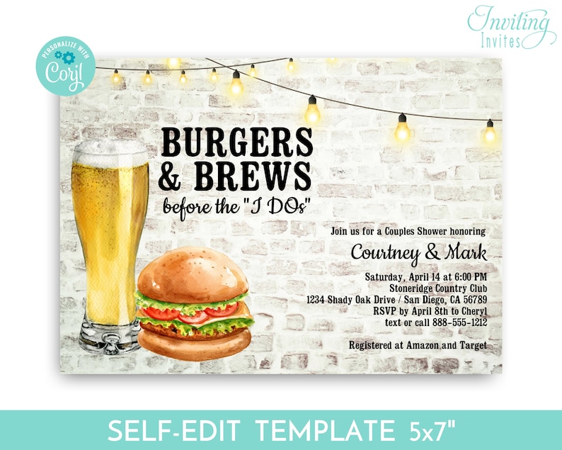 Burgers and Brews Before I Dos Couples Shower, Bridal Shower, Beers Invitation, Engagement Party, Brick Brewery Invite Birthday TEMPLATE 268 image 4