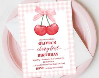 Cherry 1st Birthday Invitation Template, coquette bow cherry first birthday preppy invites, sweet as cherry pie | PRINTABLE TEMPLATE 346