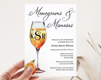 Monograms and Mimosas Bridal Shower Invitation, Brunch Bridal Shower Invite, Champagne Wedding Shower | TEMPLATE 246