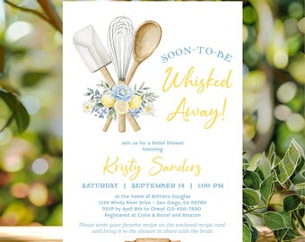 Whisked Away Bridal Shower Invitation with Recipe Card | Dusty Blue Floral Lemon Mediterranean Kitchen Theme | TEMPLATE 628