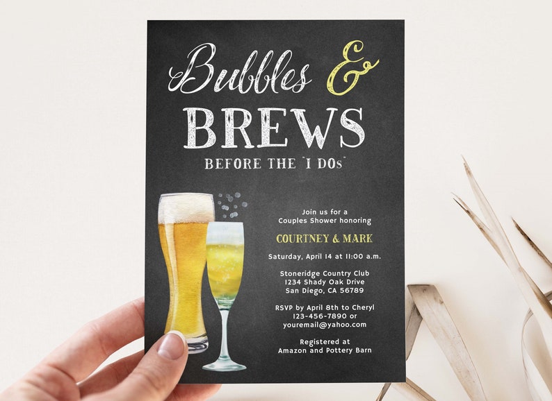 May include: A black invitation card with the text "Bubbles & Brews Before the I Dos". The card features illustrations of a beer and champagne glass. The invitation is for Courtney & Mark's couples shower.