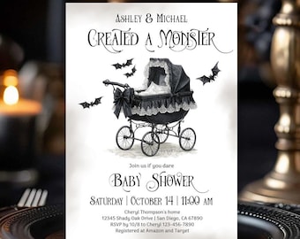 Bats Spooky Carriage Baby Shower Invitation, October Gothic Vintage Halloween Theme Invite, We Created Monster Vintage Stroller TEMPLATE 563