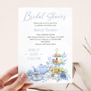 Bridal Shower Tea Party Invitation, wedding afternoon high English tea, time for tea themed invite, adult dusty blue teapot | TEMPLATE 475