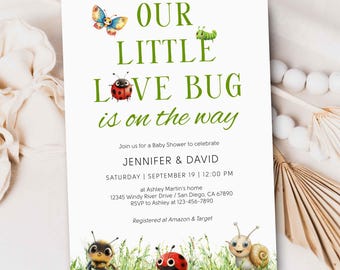 Our Little Love Bug Baby Shower Invitation, Cute Garden Lovebug Insects Baby Shower invite, gender neutral shower CORJL TEMPLATE 521