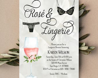 Lingerie Bridal Shower Invitation, classy lingerie, rose wine, bachelorette party invite, rose and lingerie, wedding shower | TEMPLATE 515