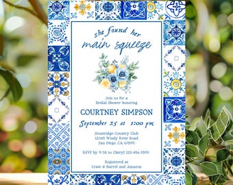 Mediterranean Bridal Shower Invitation Lemon Citrus Blue Tile Main Squeeze Editable Instant Download | TEMPLATE 629