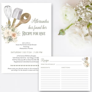 GREEN Recipe for Love Bridal Shower Invitation with recipe card, Stock the Kitchen Invite, baking bridal shower theme TEMPLATE 369
