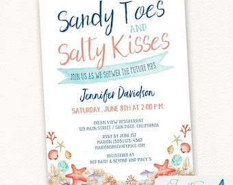 Beach Bridal Shower Invitation | Seashell, Couples Shower Beach Bridal Shower, Sandy Toes Salty Kisses