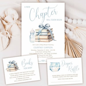 A New Chapter Will Soon Begin Book Baby Shower Invitation card, Library Storybook theme invite, dusty blue bow, boy books TEMPLATE 375