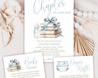 A New Chapter Will Soon Begin Book Baby Shower Invitation card, Library Storybook theme invite, dusty blue bow, boy books TEMPLATE 375