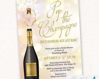 Gold Champagne Bridal Shower Invitation, Pop the Champagne Invite, She's Changing her Last Name, Champagne Themed, brunch and bubbly