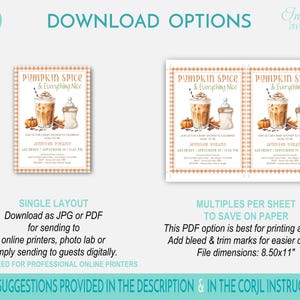May include: Two baby shower invitation options are shown. The invitations feature a pumpkin spice latte graphic with text that reads "Pumpkin Spice & Everything Nice." One option is a single invitation, and the other is two invitations per sheet.