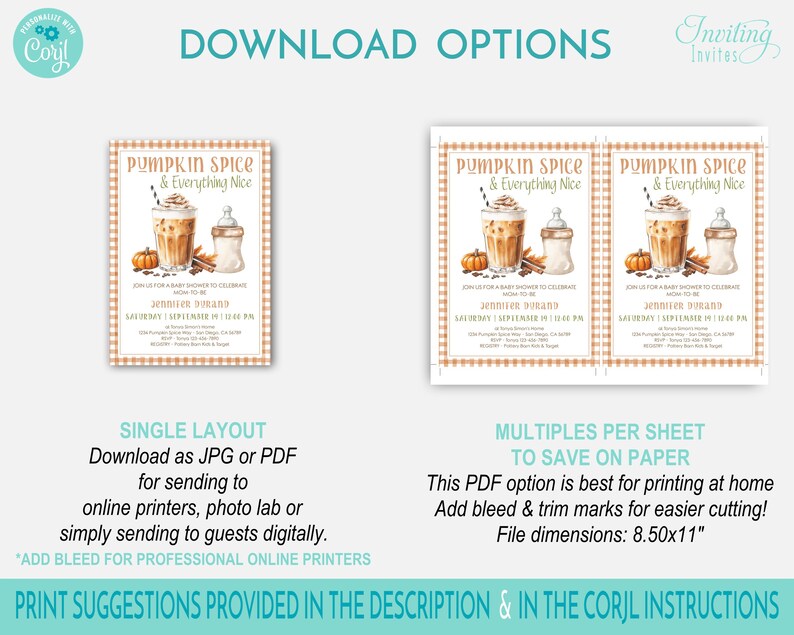 May include: Two baby shower invitation options are shown. The invitations feature a pumpkin spice latte graphic with text that reads "Pumpkin Spice & Everything Nice." One option is a single invitation, and the other is two invitations per sheet.