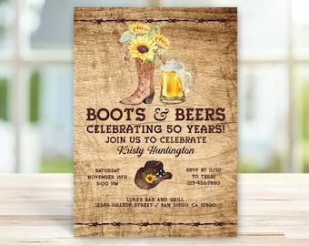 Sunflower Cowgirl Boots and Beer Rustic Birthday Party Invitation, Cowboy Boot Western, Country, Farm, 30th, 40th, 50th, 60th, TEMPLATE 166