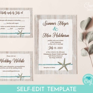 May include: A wedding invitation template with a rustic wood background and a starfish design. The invitation is for Summer Meyer and Max Hutchinson, and it includes the date and location of the wedding. The text on the invitation reads "Kindly reply by July 1st" and "Please visit our Wedding Website".