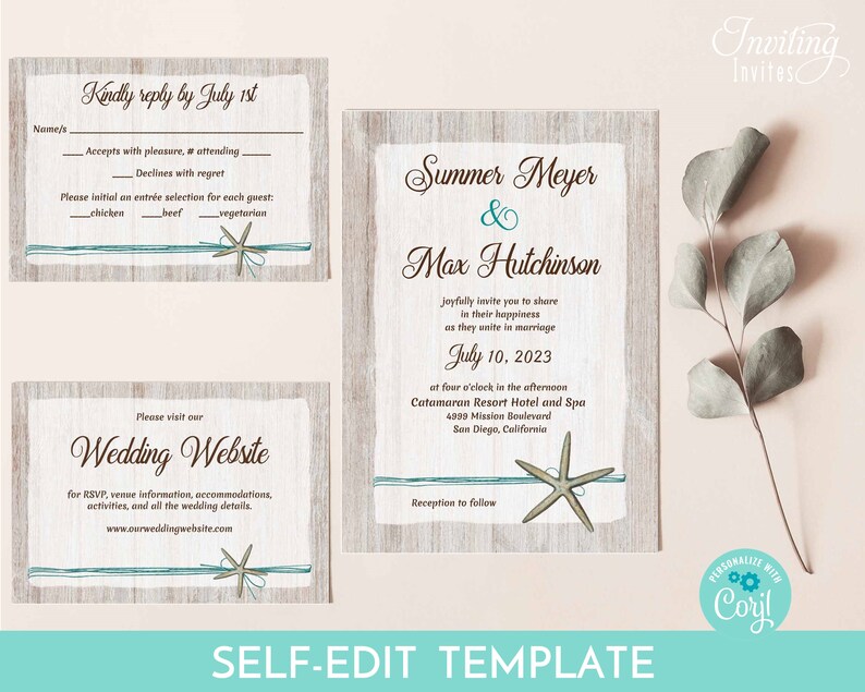 May include: A wedding invitation template with a rustic wood background and a starfish design. The invitation is for Summer Meyer and Max Hutchinson, and it includes the date and location of the wedding. The text on the invitation reads "Kindly reply by July 1st" and "Please visit our Wedding Website".