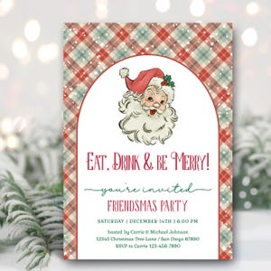 Retro Santa Claus Friendsmas Party Christmas invitation, Eat Drink and Be Merry annual holiday party invite, company open house TEMPLATE 451