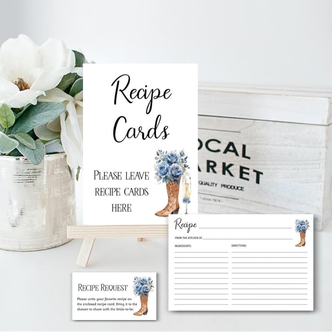 Bridal Shower Recipe Card, Sign, Recipe Request Insert, Blue Cowboy ...