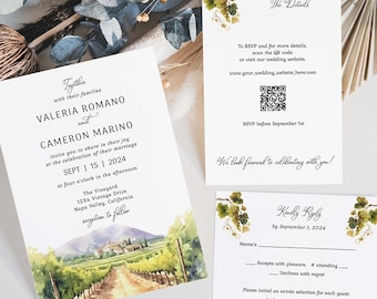 Vineyard Wedding Invitation Template Set, Winery Wedding Invite Suite, Napa Valley Sonoma Italian Tuscan Temecula, Printable Download 296