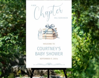 A New Chapter will Soon Begin Book Themed Baby Shower Welcome Sign, Library Storybook theme poster, dusty blue bow, boy books TEMPLATE 375