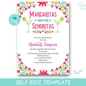 Op de afbeelding: Een afdrukbare bruidsdouche-uitnodigingstemplate van 5x7 inch met een bloemige rand en een margarita-cocktailafbeelding. De tekst luidt "Margaritas with her Senoritas" en "Join us for a Bridal Shower honoring Kimberly Simpson".