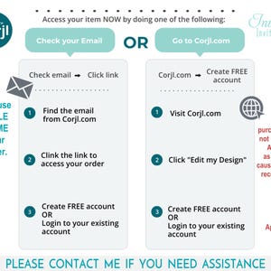 Puede incluir: Un gr&aacute;fico blanco con instrucciones sobre c&oacute;mo acceder a un art&iacute;culo despu&eacute;s de la compra. Las instrucciones incluyen revisar el correo electr&oacute;nico o ir a Corjl.com. El gr&aacute;fico tambi&eacute;n aconseja usar Google Chrome y no iniciar sesi&oacute;n con Apple ID.