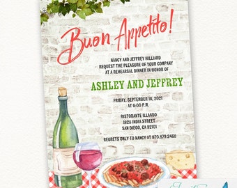 Italian theme Rehearsal Invitation, Buon Appetito, Italy, Pizza, Pasta, Wine invite | printed or printable