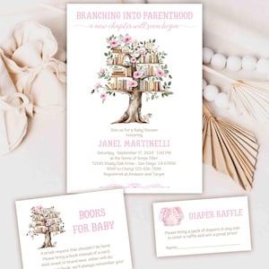 A New Chapter Will Soon Begin Book Baby Shower Invitation card, Library Storybook theme invite, pink story, tree books for baby TEMPLATE 407