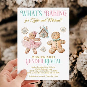 Gender Reveal Baby Shower invite, Christmas What’s Baking He or She Gingerbread Man Cookies Baby Reveal Party Card, Winter | TEMPLATE 459