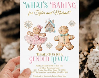Gender Reveal Baby Shower invite, Christmas What’s Baking He or She Gingerbread Man Cookies Baby Reveal Party Card, Winter | TEMPLATE 459