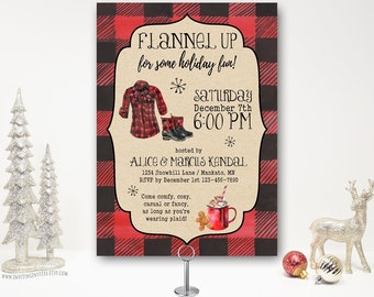 Flannel Up Buffalo Plaid Christmas Party Invitation, Holiday Party Invite, Rustic, Open House, cocktail, cookies, cocoa. Printable | Printed