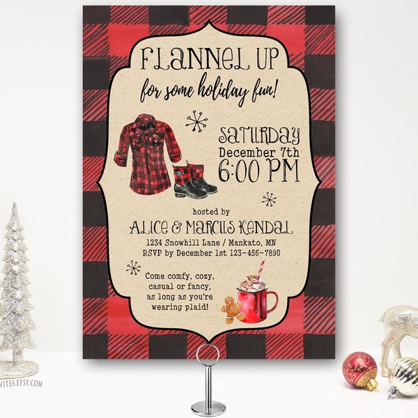 Flannel Up Buffalo Plaid Christmas Party Invitation, Holiday Party Invite, Rustic, Open House, cocktail, cookies, cocoa. Printable | Printed