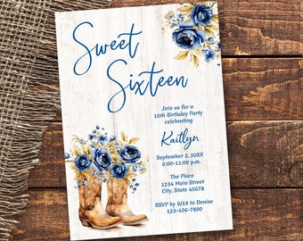 Sweet 16 Birthday Invitation, Blue floral Cowboy Cowgirl Boots Invite, Rustic Country Sweet Sixteen, Sixteenth 16th DIGITAL TEMPLATE 633