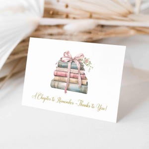 Book Thank You Note Card, next chapter book themed birthday thank you card, book club book lover, pastel books bow, flat folded TEMPLATE 377