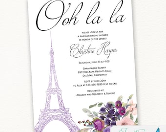 Paris Eiffel Tower Bridal Shower Invitation with plum and purple flowers | Couples Shower, Birthday, Engagement Party, Baby Shower Invite